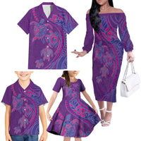 Hawaiian Turtles and Polynesian Art Tattoo Family Matching Off The Shoulder Long Sleeve Dress and Hawaiian Shirt Dusky Violet