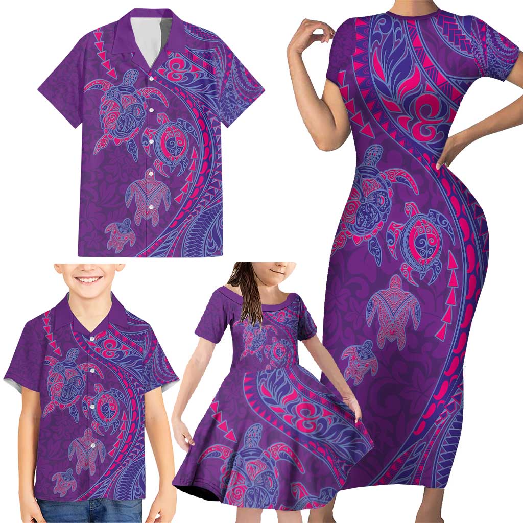 Hawaiian Turtles and Polynesian Art Tattoo Family Matching Short Sleeve Bodycon Dress and Hawaiian Shirt Dusky Violet
