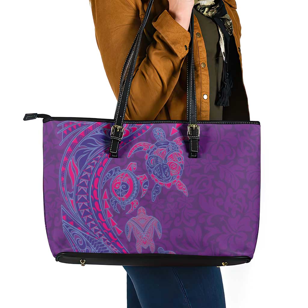 Hawaiian Turtles and Polynesian Art Tattoo Leather Tote Bag Dusky Violet