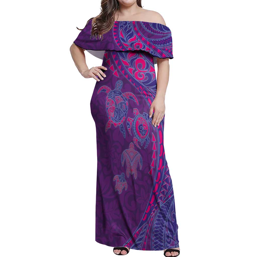 Hawaiian Turtles and Polynesian Art Tattoo Off Shoulder Maxi Dress Dusky Violet
