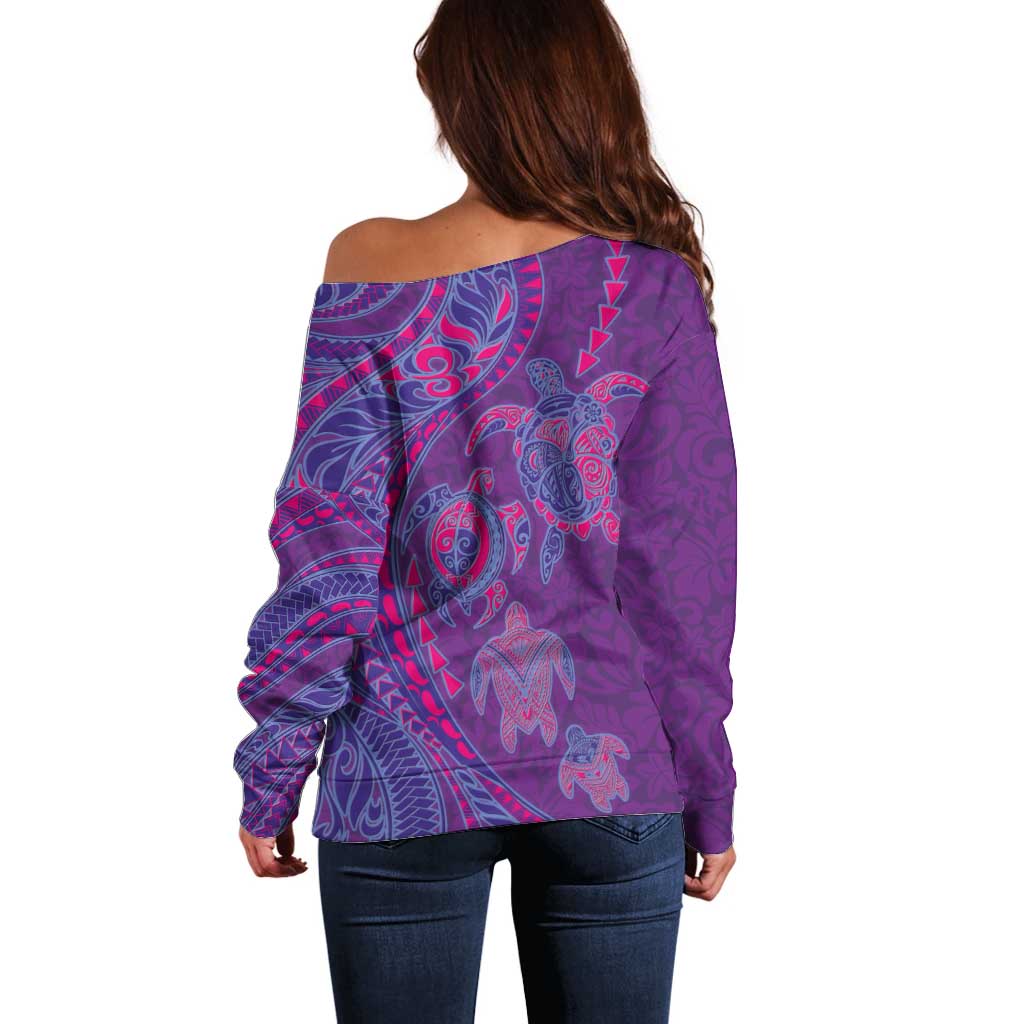 Hawaiian Turtles and Polynesian Art Tattoo Off Shoulder Sweater Dusky Violet