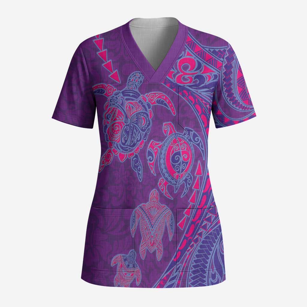 Hawaiian Turtles and Polynesian Art Tattoo Scrub Top Dusky Violet LT03 Adult Purple - Polynesian Pride
