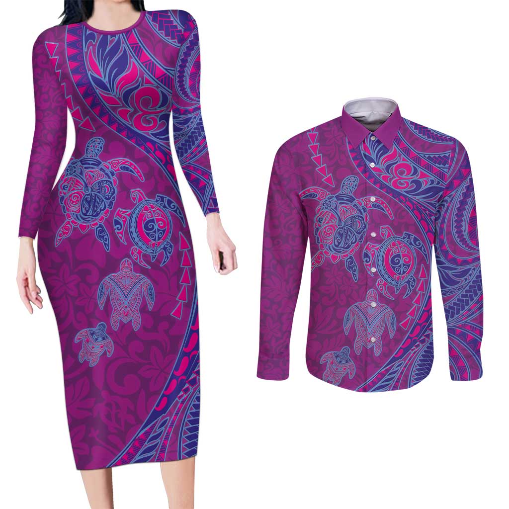 Hawaiian Turtles and Polynesian Art Tattoo Couples Matching Long Sleeve Bodycon Dress and Long Sleeve Button Shirt Cerise LT03 Pink - Polynesian Pride