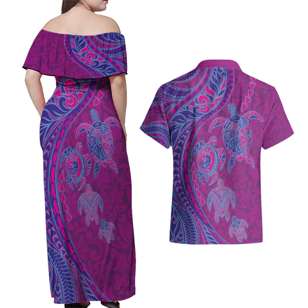 Hawaiian Turtles and Polynesian Art Tattoo Couples Matching Off Shoulder Maxi Dress and Hawaiian Shirt Cerise