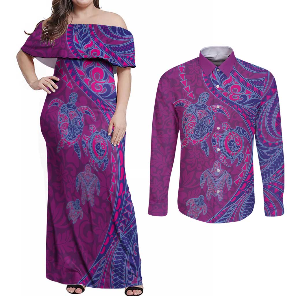 Hawaiian Turtles and Polynesian Art Tattoo Couples Matching Off Shoulder Maxi Dress and Long Sleeve Button Shirt Cerise LT03 Pink - Polynesian Pride