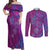 Hawaiian Turtles and Polynesian Art Tattoo Couples Matching Off Shoulder Maxi Dress and Long Sleeve Button Shirt Cerise