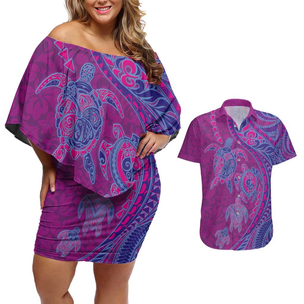 Hawaiian Turtles and Polynesian Art Tattoo Couples Matching Off Shoulder Short Dress and Hawaiian Shirt Cerise LT03 Pink - Polynesian Pride