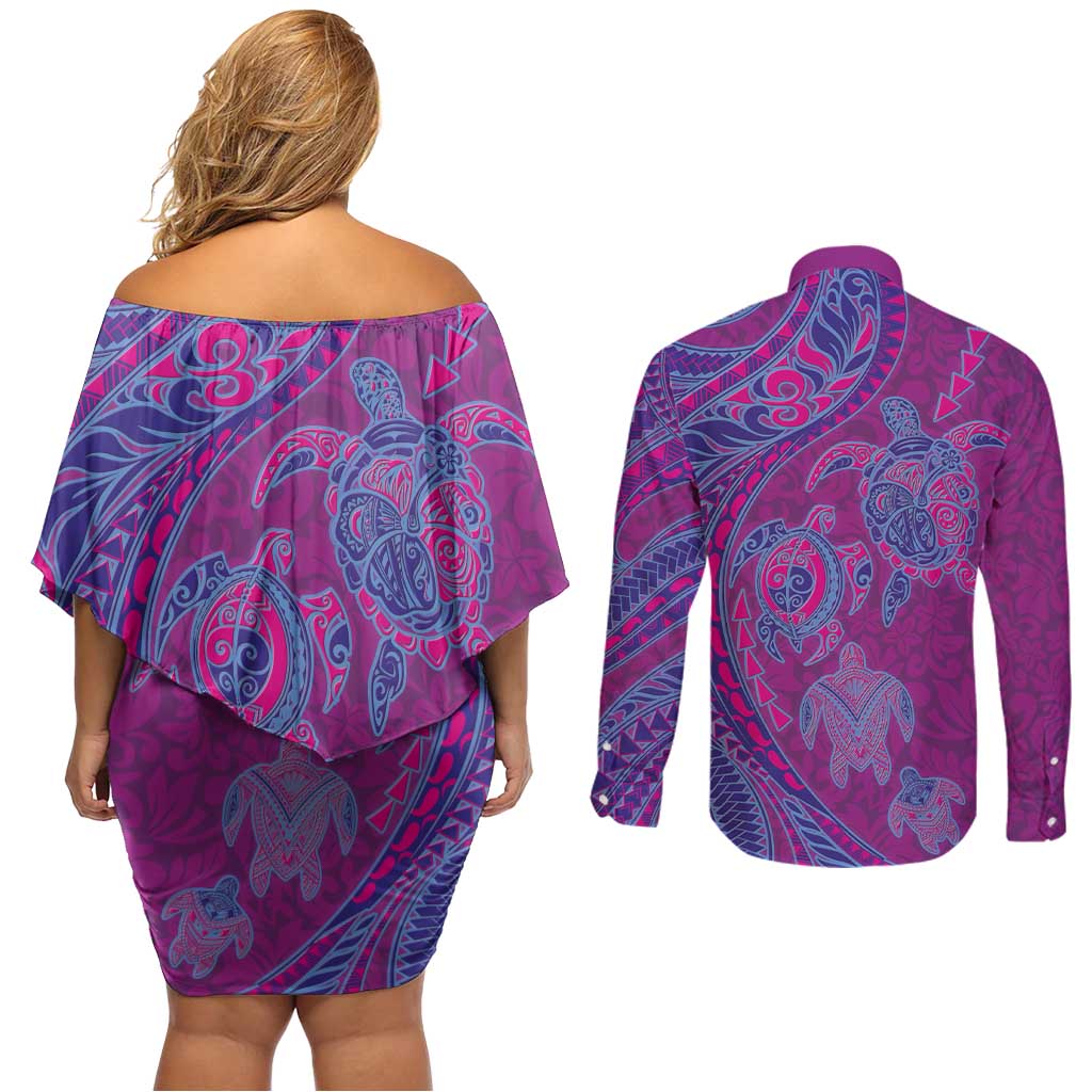Hawaiian Turtles and Polynesian Art Tattoo Couples Matching Off Shoulder Short Dress and Long Sleeve Button Shirt Cerise