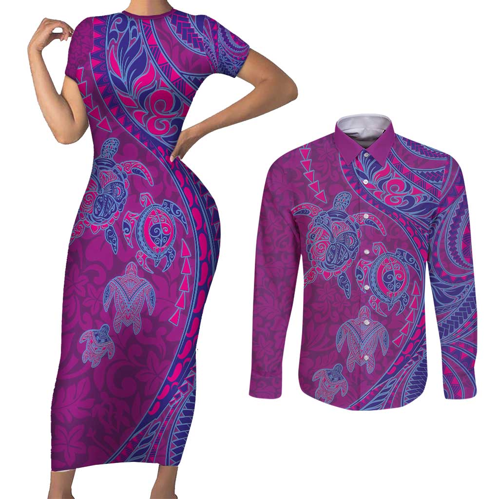 Hawaiian Turtles and Polynesian Art Tattoo Couples Matching Short Sleeve Bodycon Dress and Long Sleeve Button Shirt Cerise LT03 Pink - Polynesian Pride