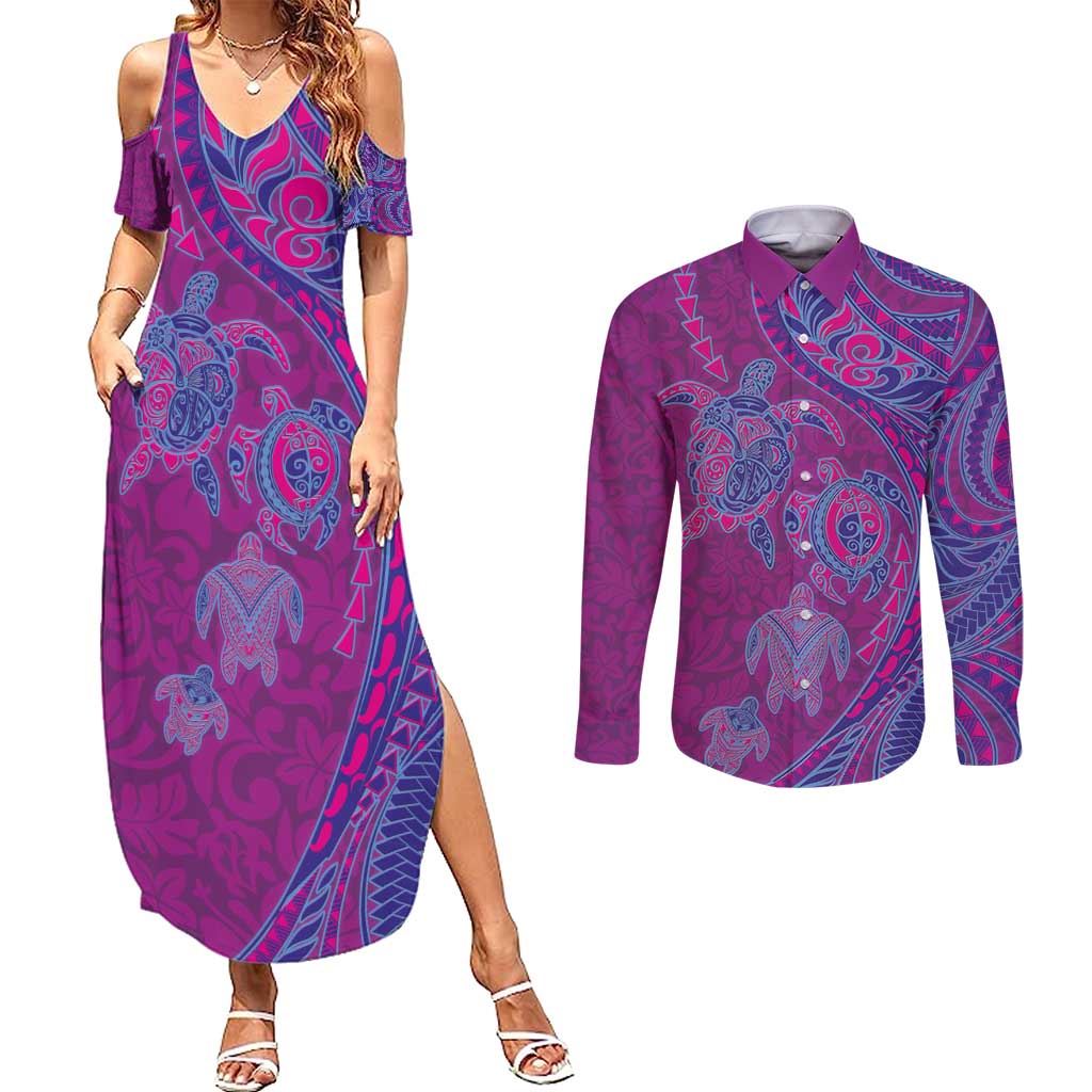 Hawaiian Turtles and Polynesian Art Tattoo Couples Matching Summer Maxi Dress and Long Sleeve Button Shirt Cerise LT03 Pink - Polynesian Pride
