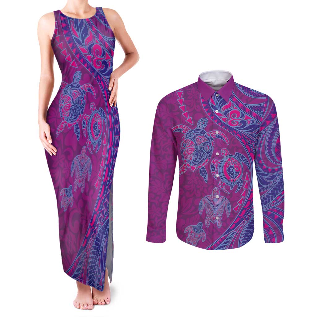 Hawaiian Turtles and Polynesian Art Tattoo Couples Matching Tank Maxi Dress and Long Sleeve Button Shirt Cerise LT03 Pink - Polynesian Pride