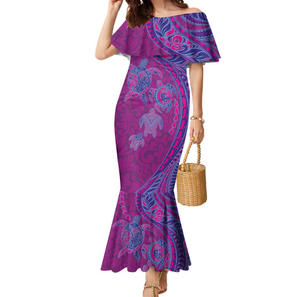 Hawaiian Turtles and Polynesian Art Tattoo Family Matching Mermaid Dress and Hawaiian Shirt Cerise