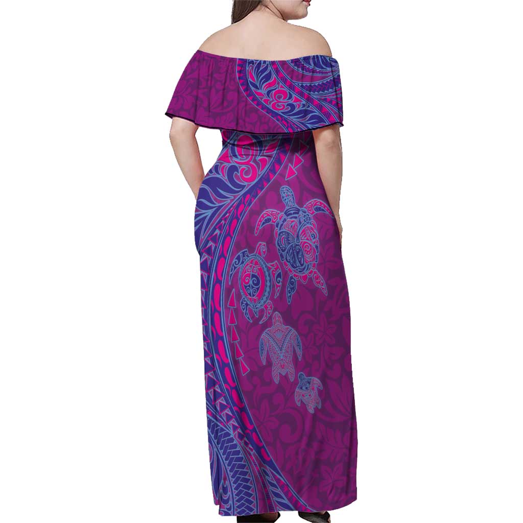 Hawaiian Turtles and Polynesian Art Tattoo Family Matching Off Shoulder Maxi Dress and Hawaiian Shirt Cerise