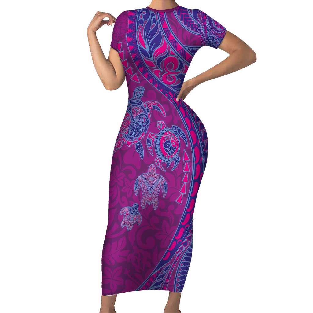 Hawaiian Turtles and Polynesian Art Tattoo Family Matching Short Sleeve Bodycon Dress and Hawaiian Shirt Cerise