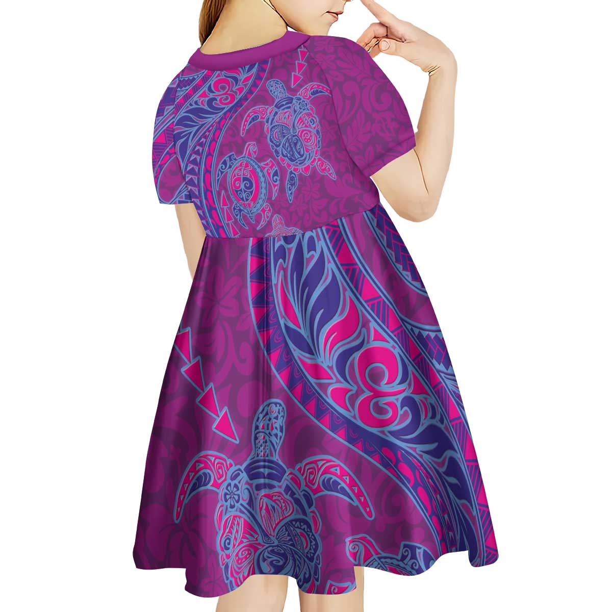 Hawaiian Turtles and Polynesian Art Tattoo Kid Short Sleeve Dress Cerise