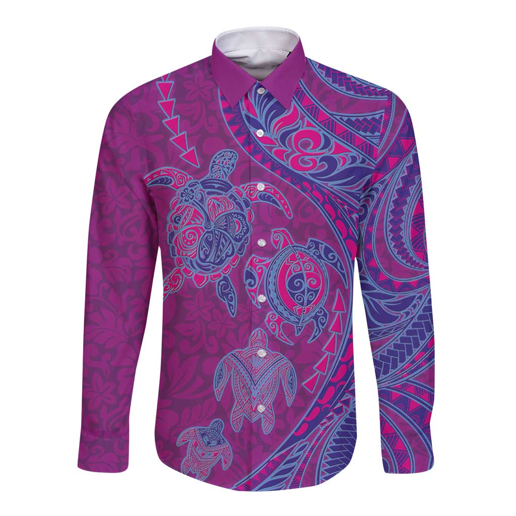 Hawaiian Turtles and Polynesian Art Tattoo Long Sleeve Button Shirt Cerise