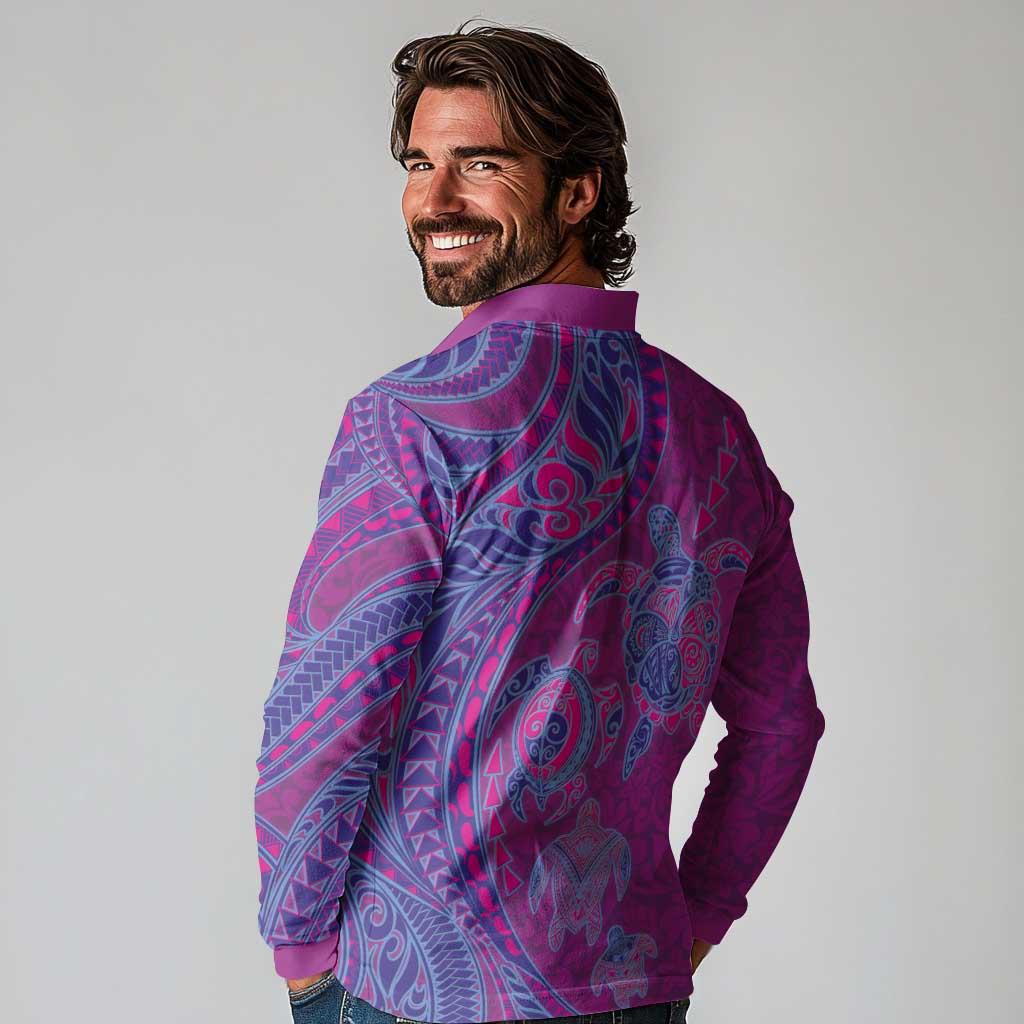 Hawaiian Turtles and Polynesian Art Tattoo Long Sleeve Polo Shirt Cerise