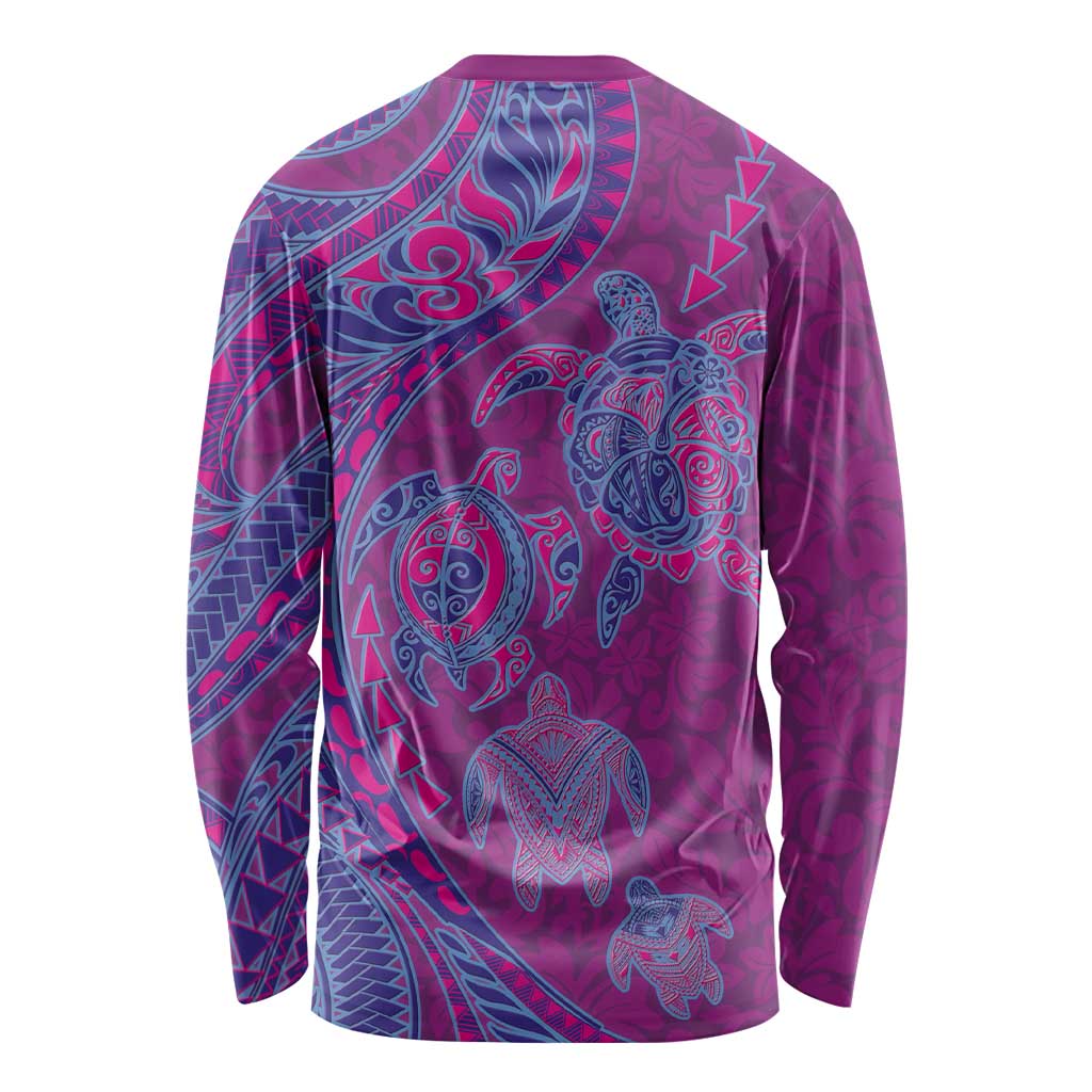 Hawaiian Turtles and Polynesian Art Tattoo Long Sleeve Shirt Cerise