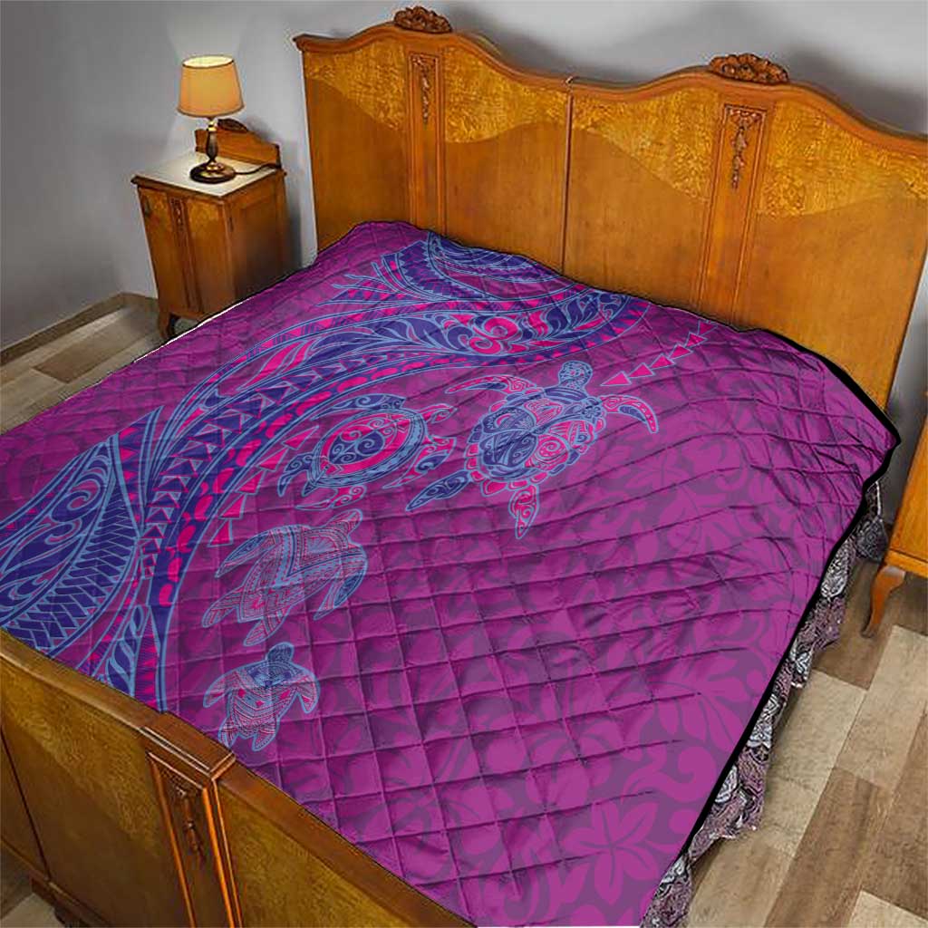 Hawaiian Turtles and Polynesian Art Tattoo Quilt Cerise