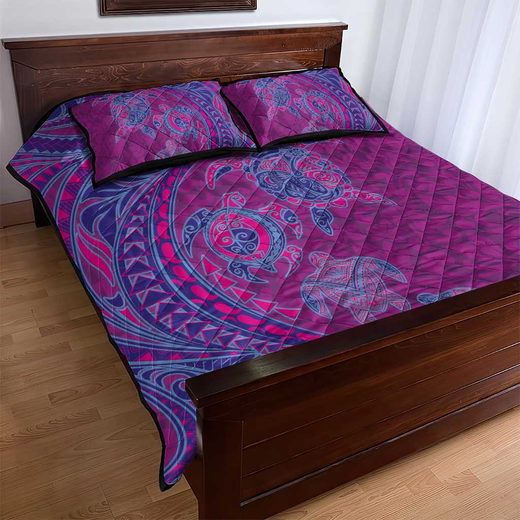 Hawaiian Turtles and Polynesian Art Tattoo Quilt Bed Set Cerise