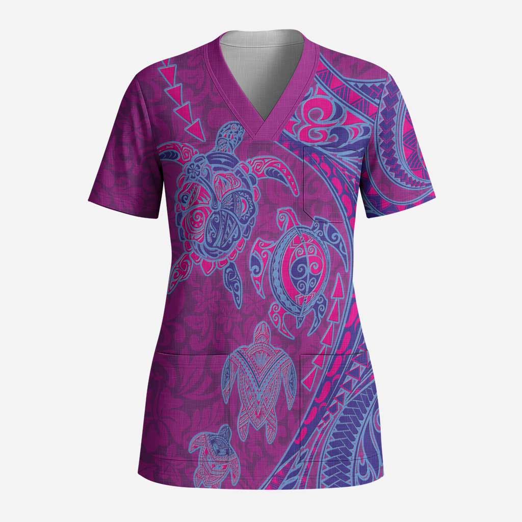 Hawaiian Turtles and Polynesian Art Tattoo Scrub Top Cerise LT03 Adult Pink - Polynesian Pride