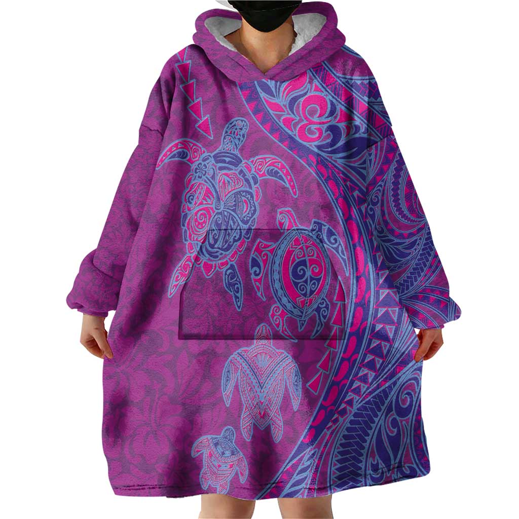 Hawaiian Turtles and Polynesian Art Tattoo Wearable Blanket Hoodie Cerise