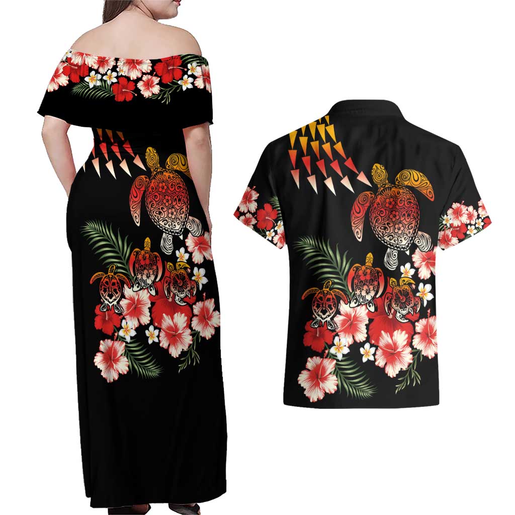 Hawaiian Hibiscus Turtle and Tropical Flower Couples Matching Off Shoulder Maxi Dress and Hawaiian Shirt Dynamic Vibe