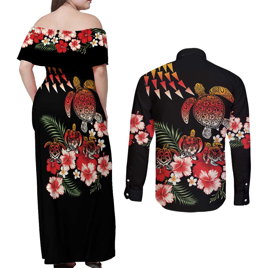 Hawaiian Hibiscus Turtle and Tropical Flower Couples Matching Off Shoulder Maxi Dress and Long Sleeve Button Shirt Dynamic Vibe