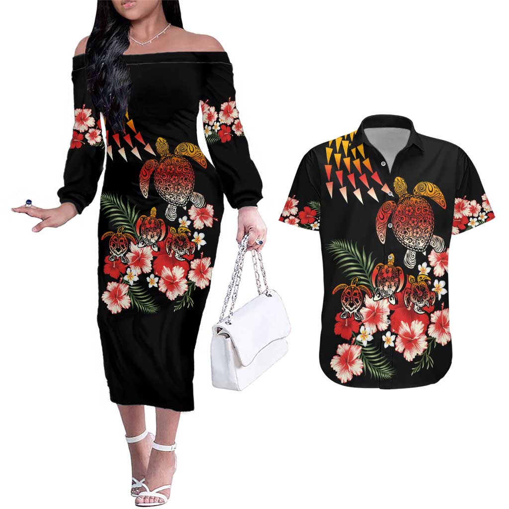 Hawaiian Hibiscus Turtle and Tropical Flower Couples Matching Off The Shoulder Long Sleeve Dress and Hawaiian Shirt Dynamic Vibe