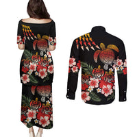 Hawaiian Hibiscus Turtle and Tropical Flower Couples Matching Puletasi and Long Sleeve Button Shirt Dynamic Vibe