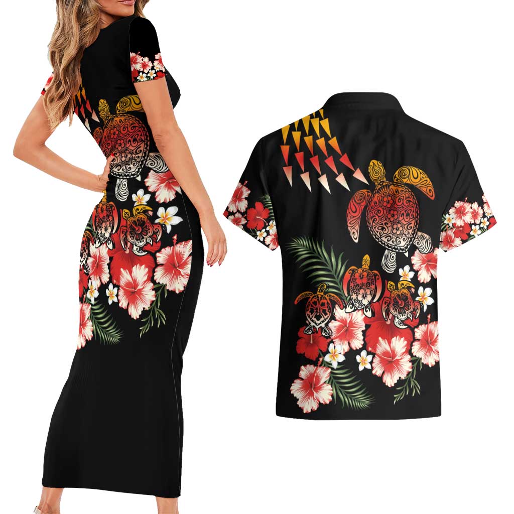 Hawaiian Hibiscus Turtle and Tropical Flower Couples Matching Short Sleeve Bodycon Dress and Hawaiian Shirt Dynamic Vibe