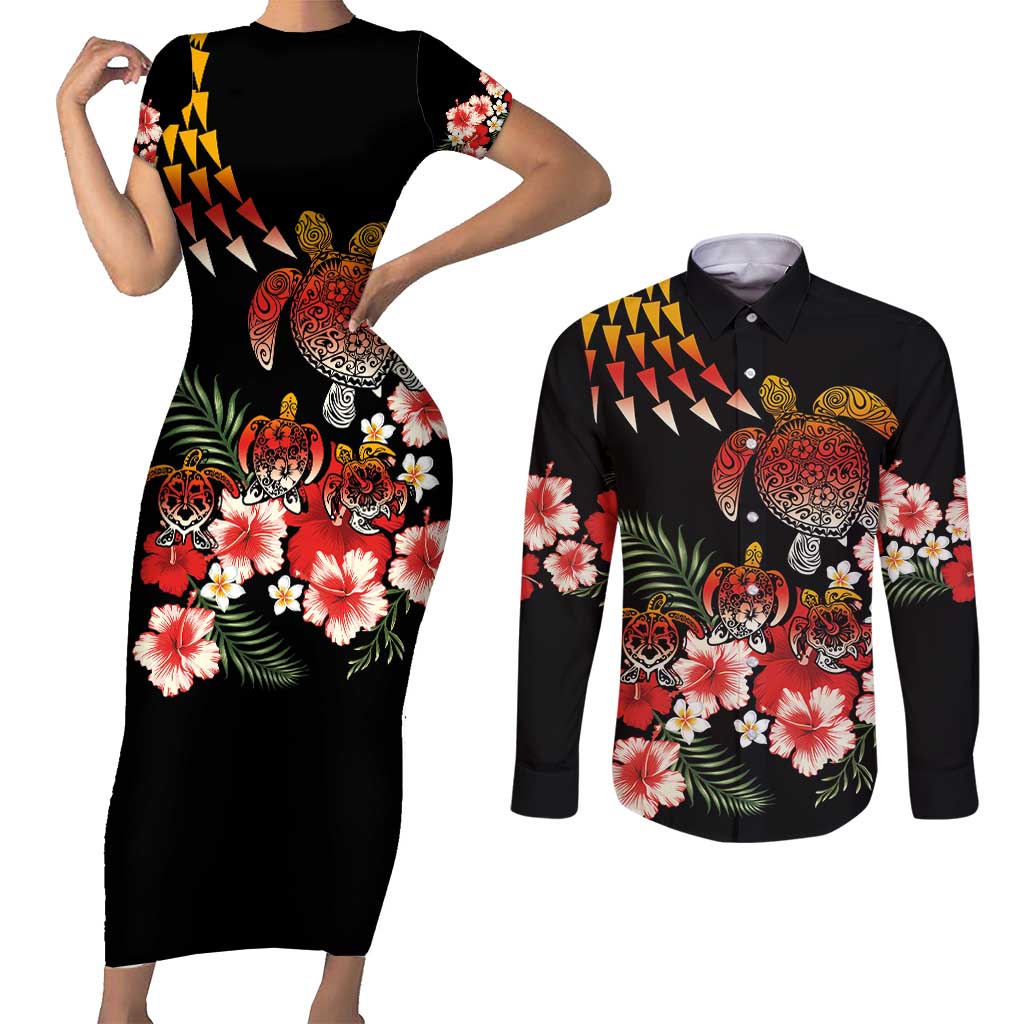Hawaiian Hibiscus Turtle and Tropical Flower Couples Matching Short Sleeve Bodycon Dress and Long Sleeve Button Shirt Dynamic Vibe