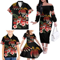 Hawaiian Hibiscus Turtle and Tropical Flower Family Matching Off The Shoulder Long Sleeve Dress and Hawaiian Shirt Dynamic Vibe