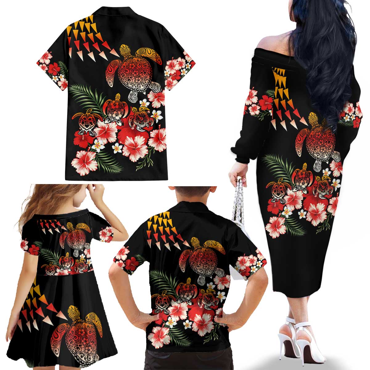 Hawaiian Hibiscus Turtle and Tropical Flower Family Matching Off The Shoulder Long Sleeve Dress and Hawaiian Shirt Dynamic Vibe