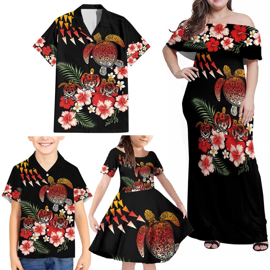 Hawaiian Hibiscus Turtle and Tropical Flower Family Matching Off Shoulder Maxi Dress and Hawaiian Shirt Dynamic Vibe