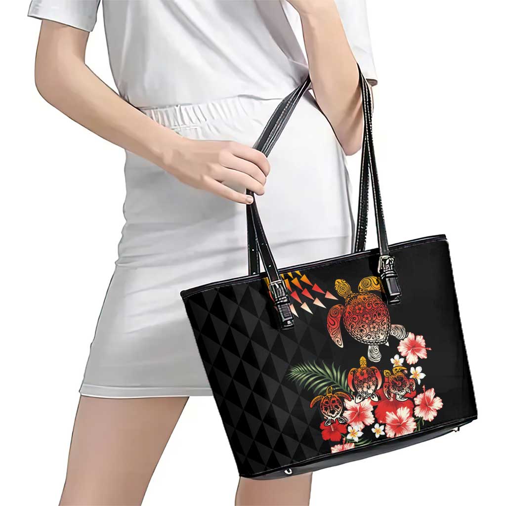Hawaiian Hibiscus Turtle and Tropical Flower Leather Tote Bag Dynamic Vibe