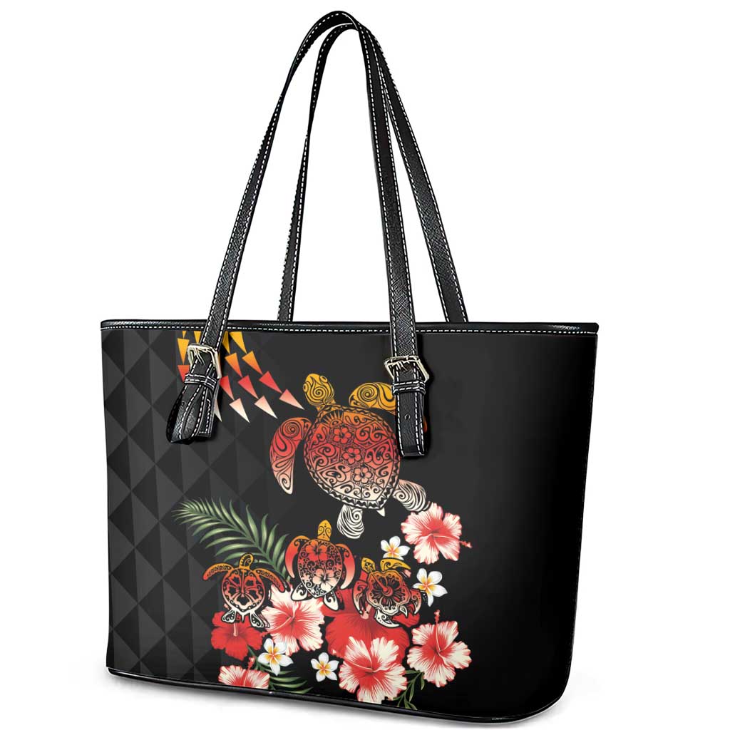 Hawaiian Hibiscus Turtle and Tropical Flower Leather Tote Bag Dynamic Vibe