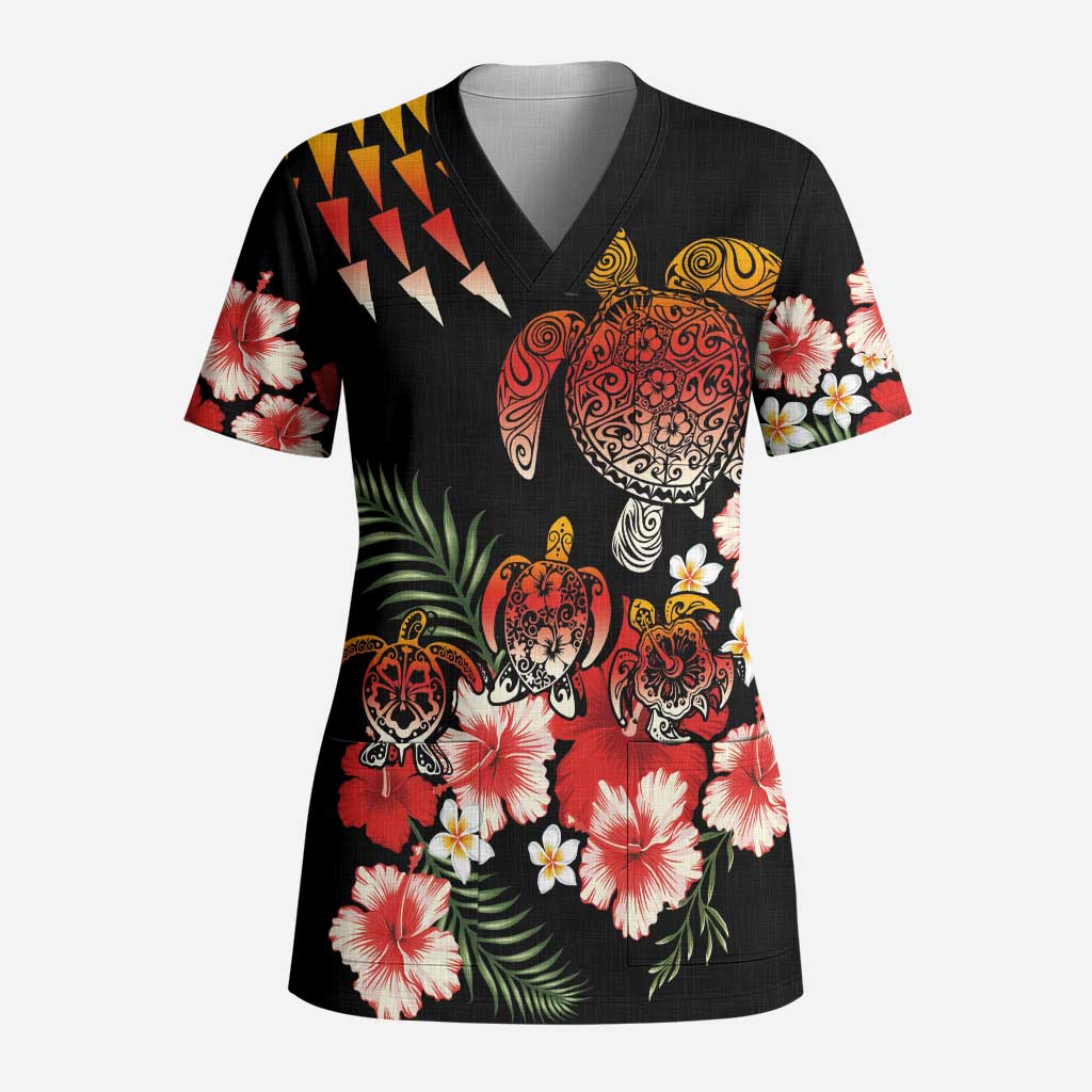 Hawaiian Hibiscus Turtle and Tropical Flower Scrub Top Dynamic Vibe LT03 Adult Black - Polynesian Pride