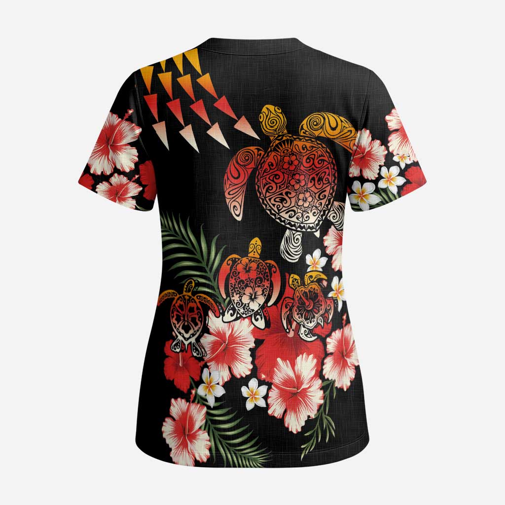 Hawaiian Hibiscus Turtle and Tropical Flower Scrub Top Dynamic Vibe - Polynesian Pride