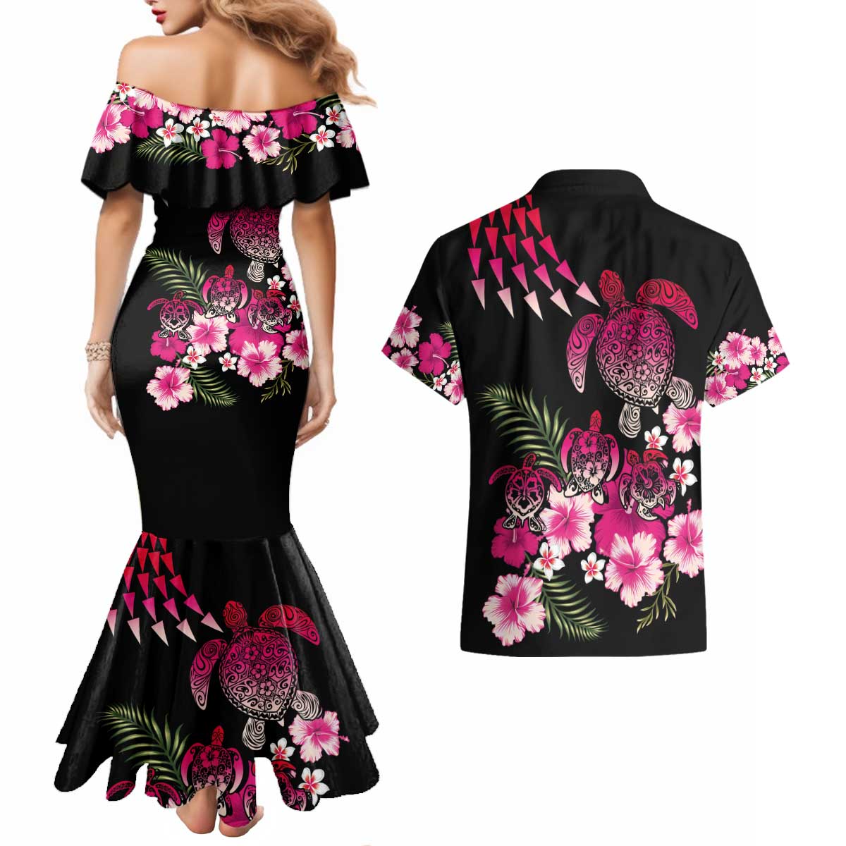 Hawaiian Hibiscus Turtle and Tropical Flower Couples Matching Mermaid Dress and Hawaiian Shirt Sweet Vibe