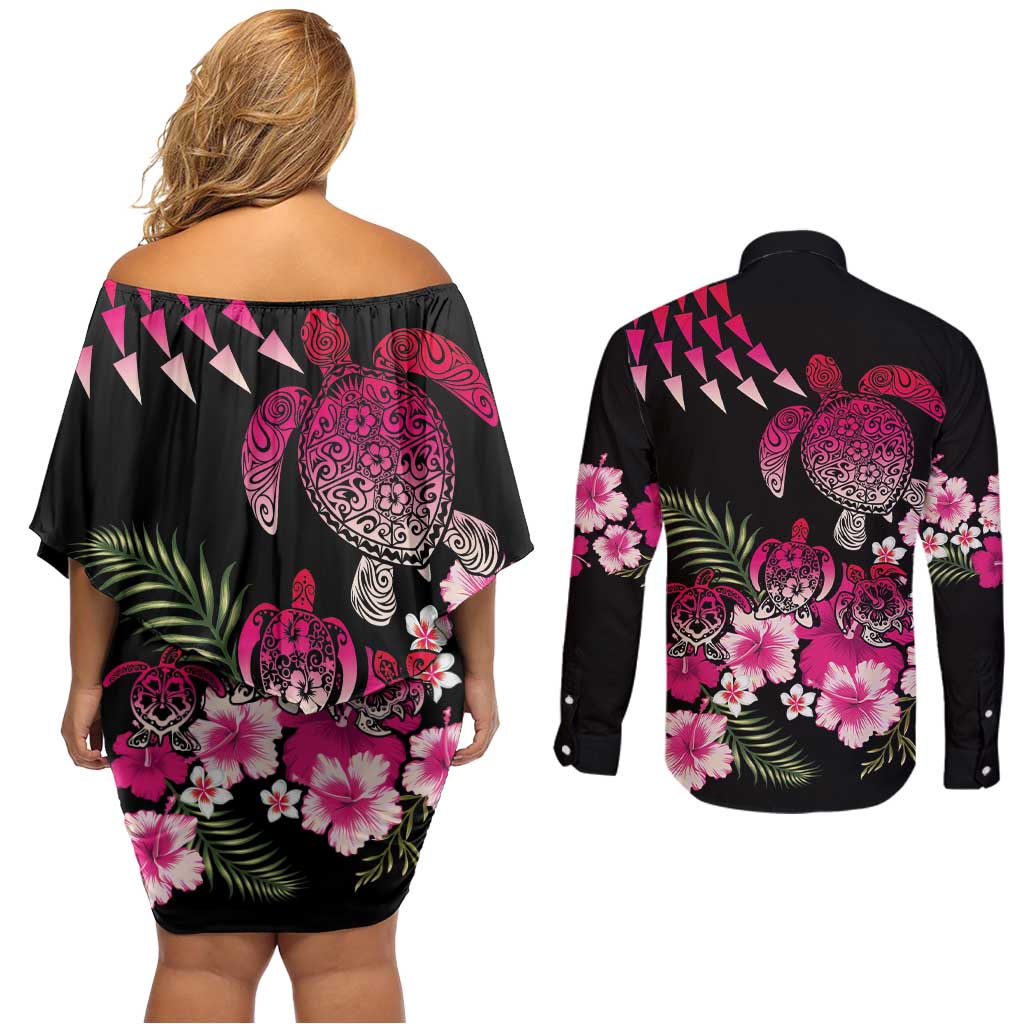 Hawaiian Hibiscus Turtle and Tropical Flower Couples Matching Off Shoulder Short Dress and Long Sleeve Button Shirt Sweet Vibe