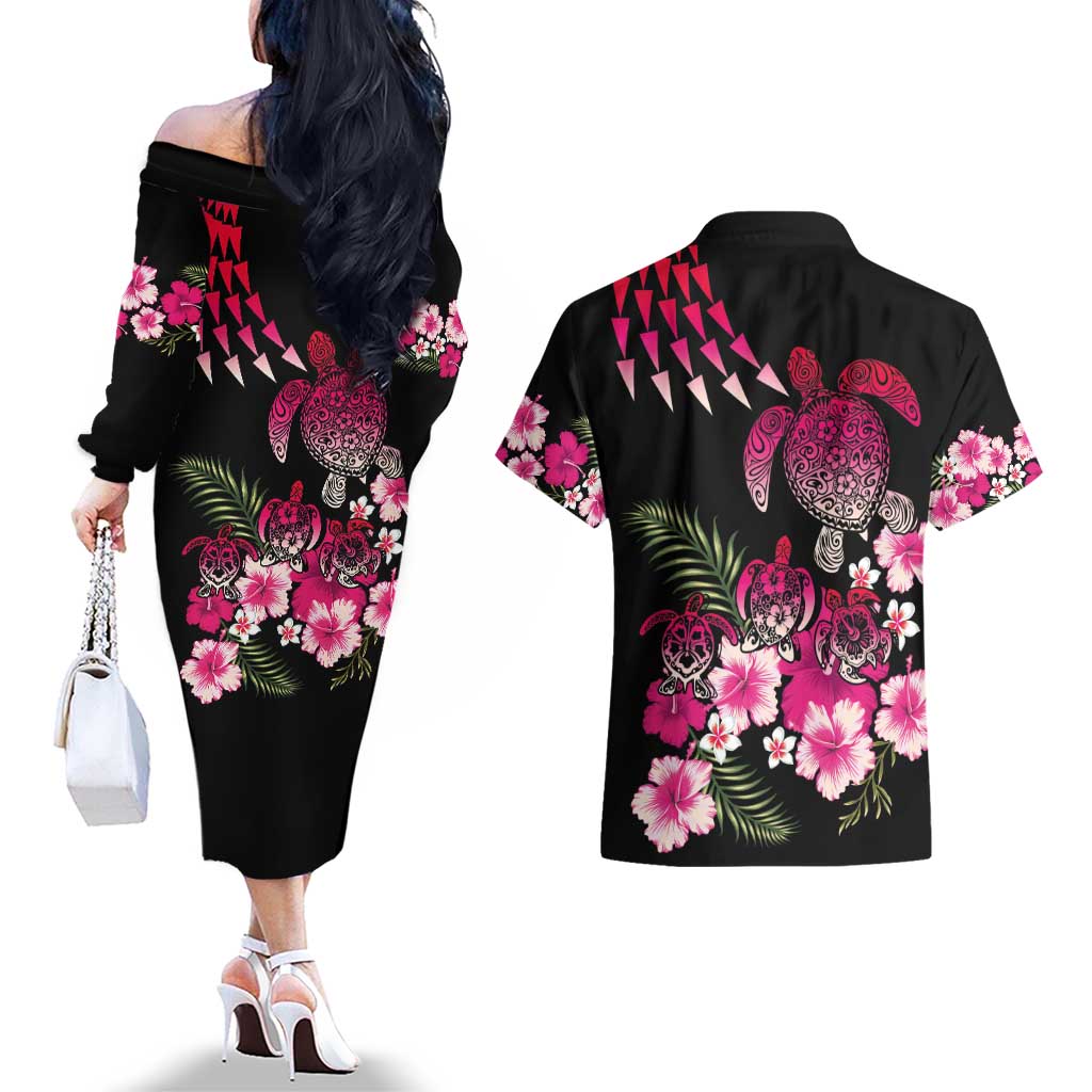 Hawaiian Hibiscus Turtle and Tropical Flower Couples Matching Off The Shoulder Long Sleeve Dress and Hawaiian Shirt Sweet Vibe
