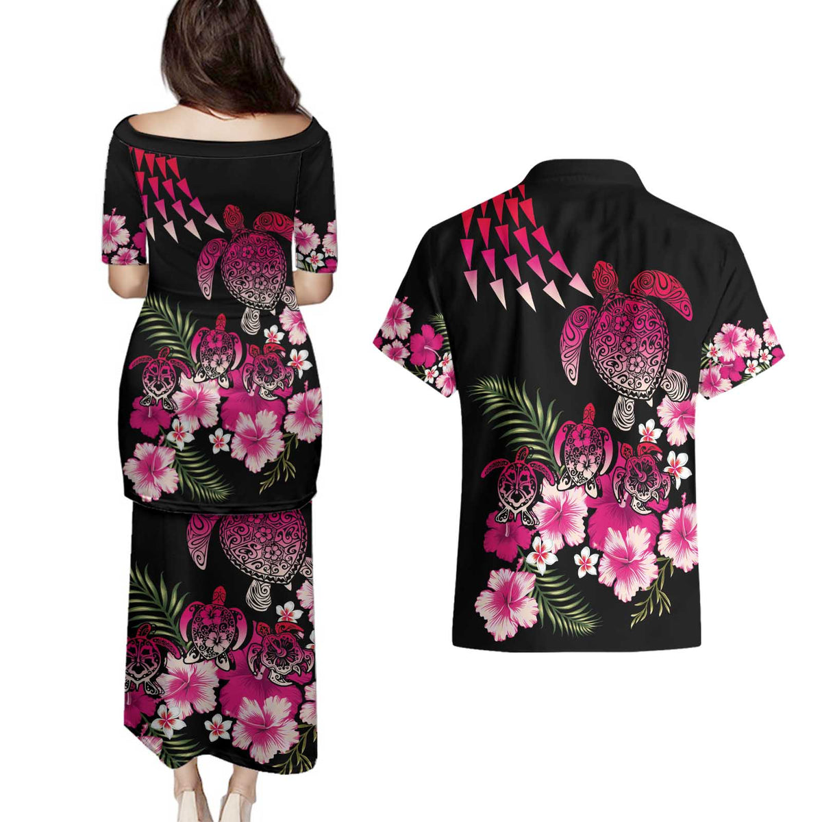 Hawaiian Hibiscus Turtle and Tropical Flower Couples Matching Puletasi and Hawaiian Shirt Sweet Vibe