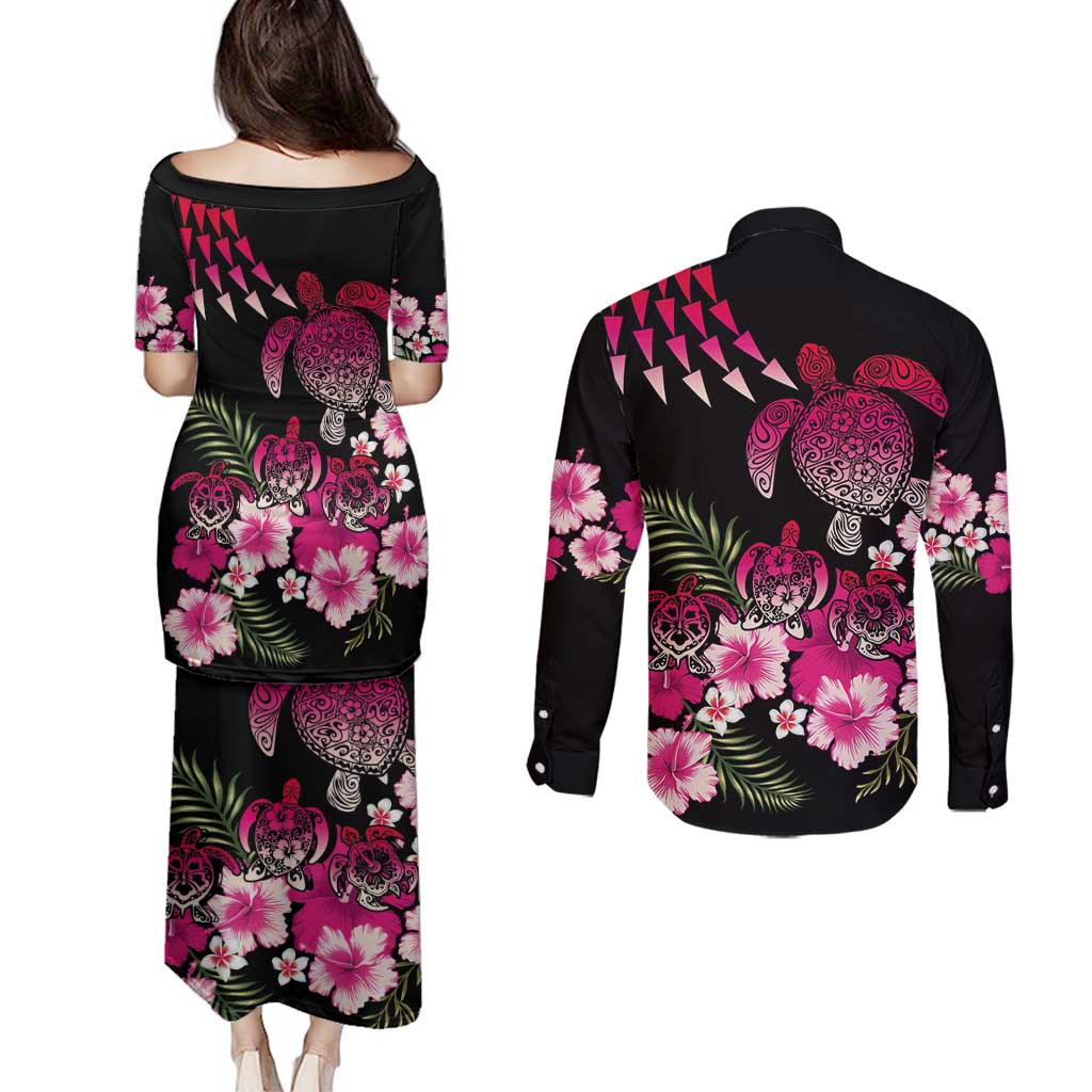 Hawaiian Hibiscus Turtle and Tropical Flower Couples Matching Puletasi and Long Sleeve Button Shirt Sweet Vibe