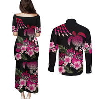 Hawaiian Hibiscus Turtle and Tropical Flower Couples Matching Puletasi and Long Sleeve Button Shirt Sweet Vibe