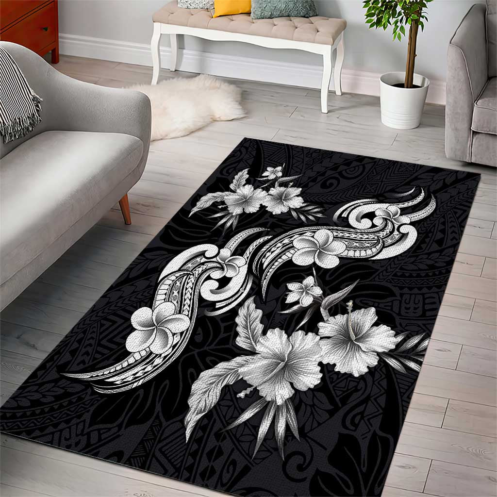 Hawaiian-Polynesian Art Tattoo Area Rug Hibiscus and Plumeria Grayscale