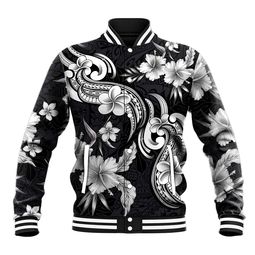 Hawaiian-Polynesian Art Tattoo Baseball Jacket Hibiscus and Plumeria Grayscale LT03 Unisex Black - Polynesian Pride