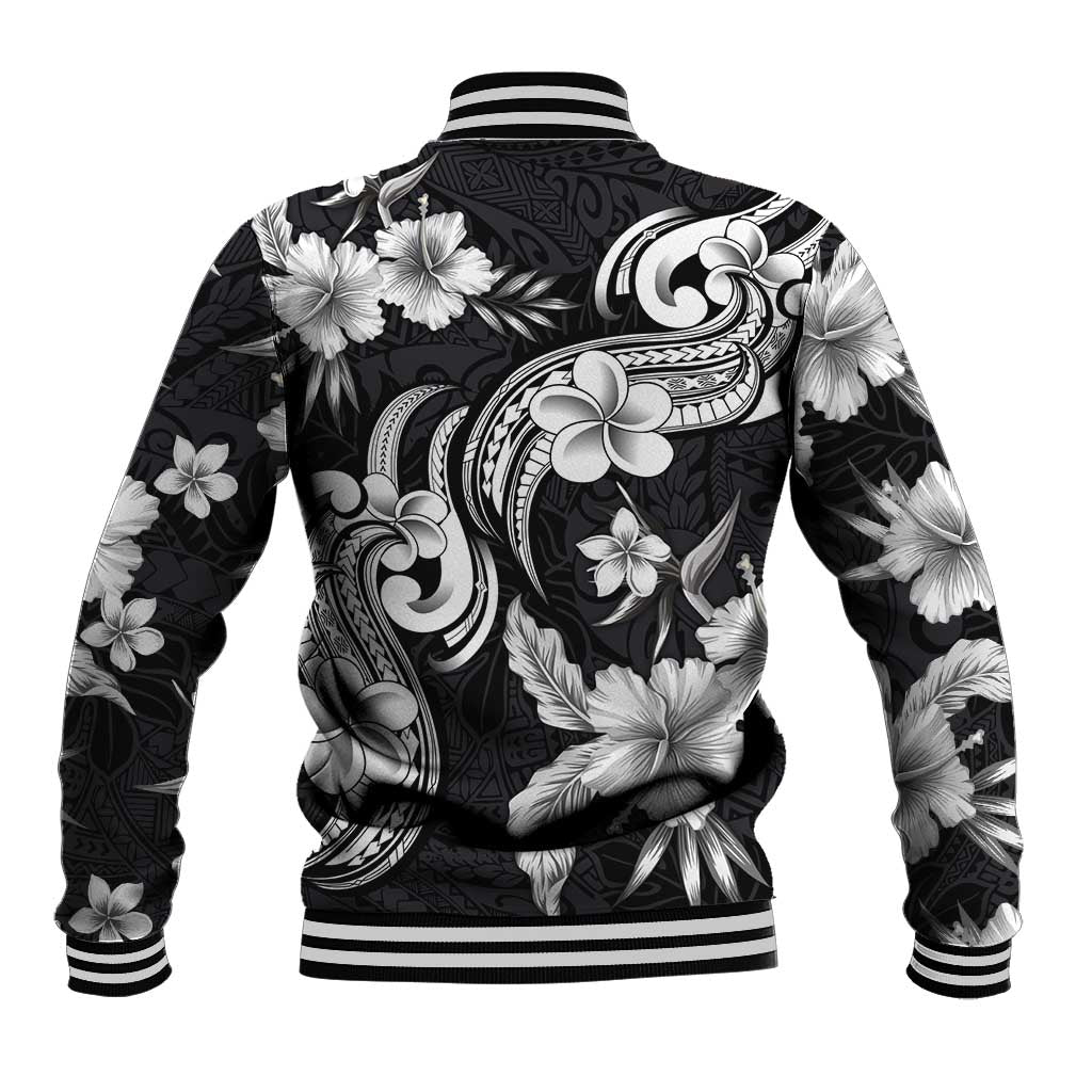 Hawaiian-Polynesian Art Tattoo Baseball Jacket Hibiscus and Plumeria Grayscale
