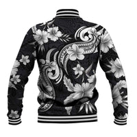 Hawaiian-Polynesian Art Tattoo Baseball Jacket Hibiscus and Plumeria Grayscale