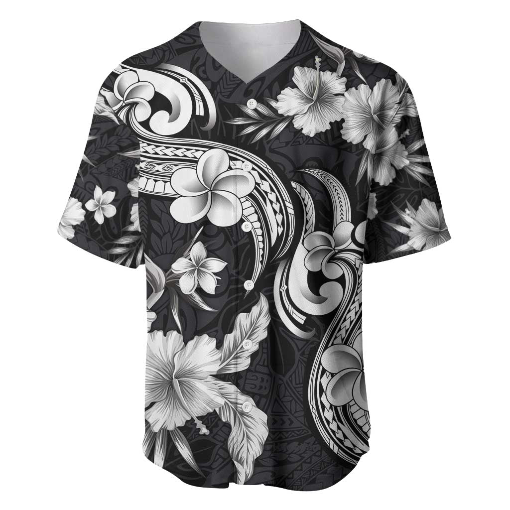 Hawaiian-Polynesian Art Tattoo Baseball Jersey Hibiscus and Plumeria Grayscale